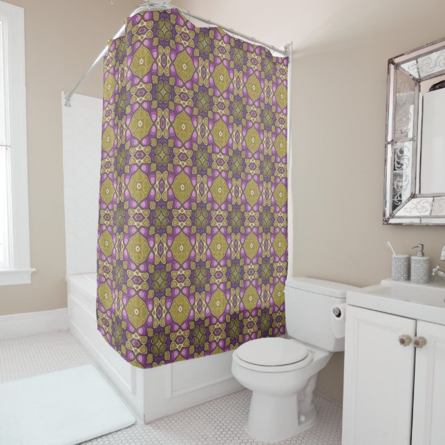 Pink Purple Ochre Olive Green Tribal Art Shower Curtain (In Situ)