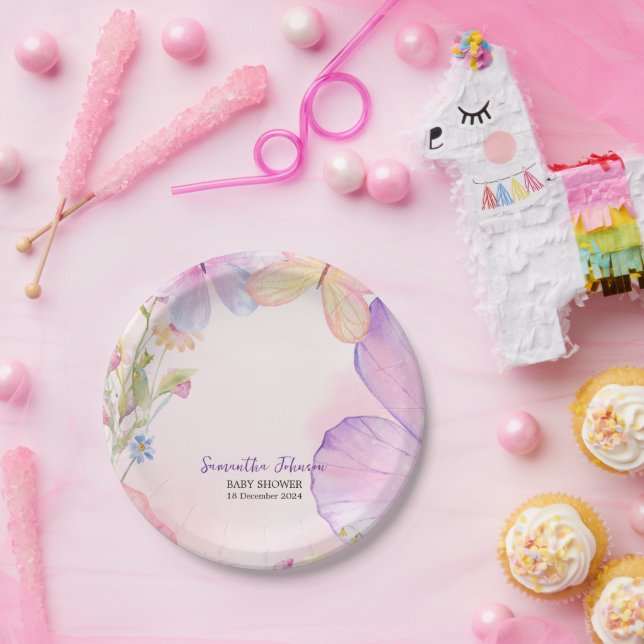 Pink Purple Oh Baby Butterfly Baby shower Paper Plate (Party)