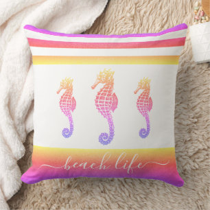 Pink purple ombre 3 seahorses beach life script cushion
