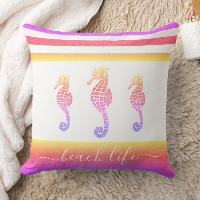 Pink purple ombre 3 seahorses beach life script cushion (Blanket)