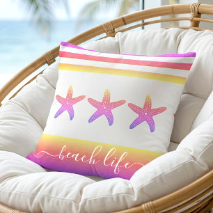 Pink purple ombre 3 starfish beach life script cushion