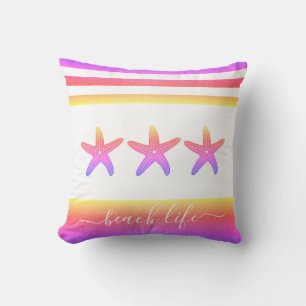 Pink purple ombre 3 starfish beach life script cushion