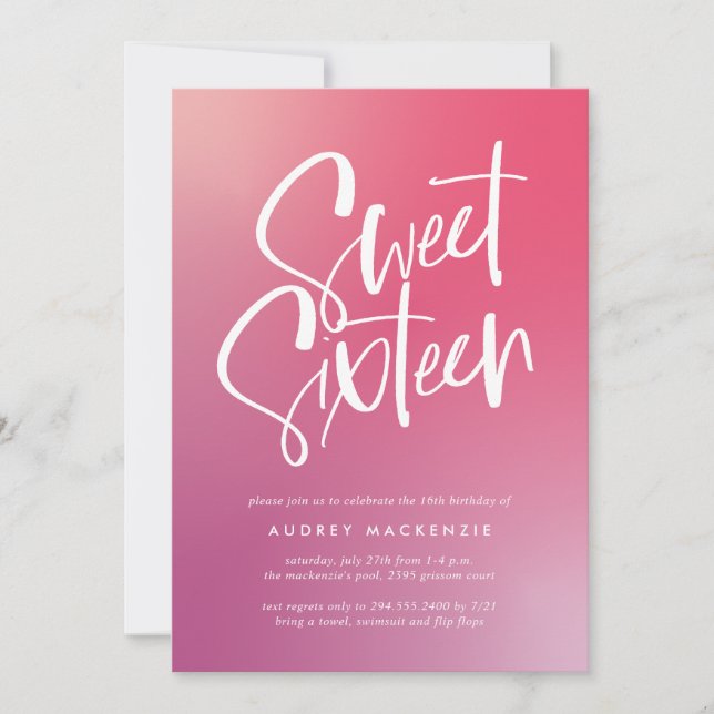 Pink Purple Ombre Calligraphy Sweet Sixteen  Invitation (Front)