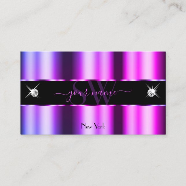 Pink Purple Ombre on Black Sparkle Jewels Monogram Business Card (Front)