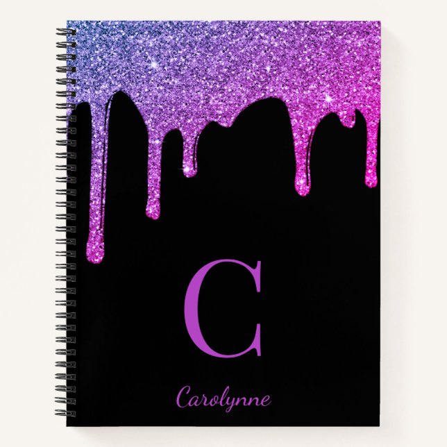 Pink Purple Ombre Sparkle Glitter Drips Monogram Notebook (Front)