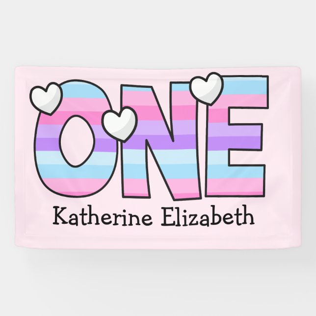 Pink Purple Ombre Stripes Hearts First Birthday Banner (Horizontal)