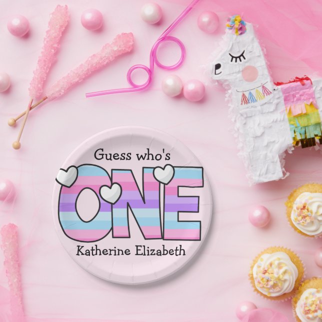 Pink Purple Ombre Stripes Hearts First Birthday Paper Plate (Party)