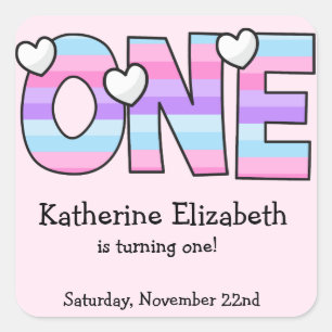 Pink Purple Ombre Stripes Hearts First Birthday Square Sticker
