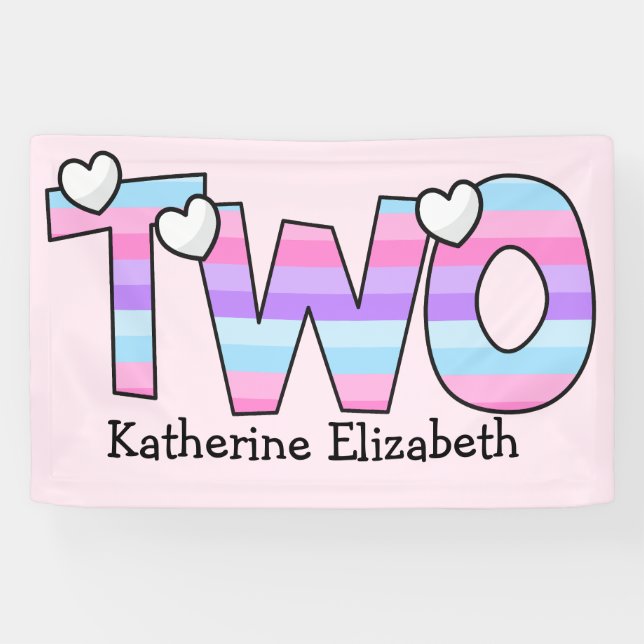 Pink Purple Ombre Stripes Hearts Second Birthday Banner (Horizontal)