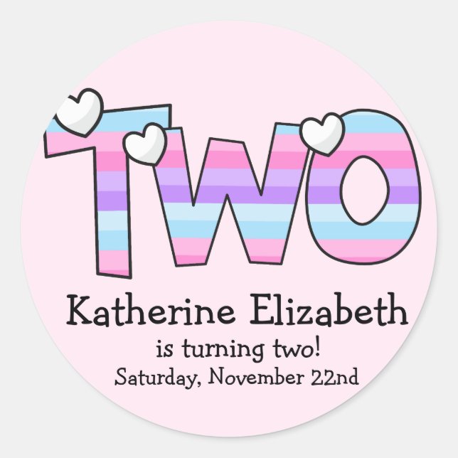 Pink Purple Ombre Stripes Hearts Second Birthday Classic Round Sticker (Front)