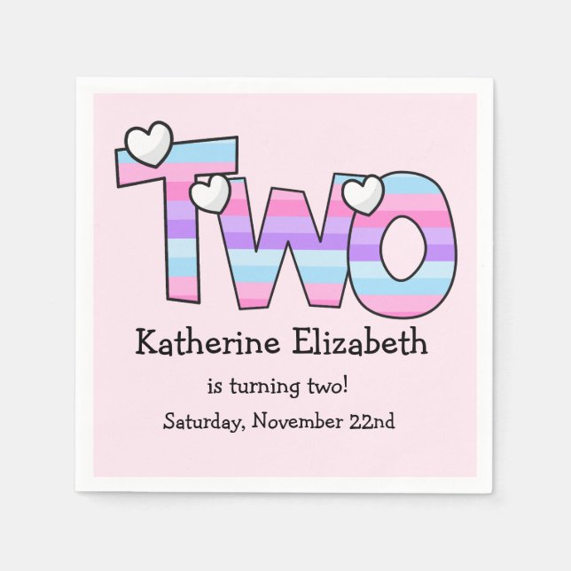Pink Purple Ombre Stripes Hearts Second Birthday Napkin (Front)