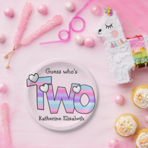 Pink Purple Ombre Stripes Hearts Second Birthday Paper Plate