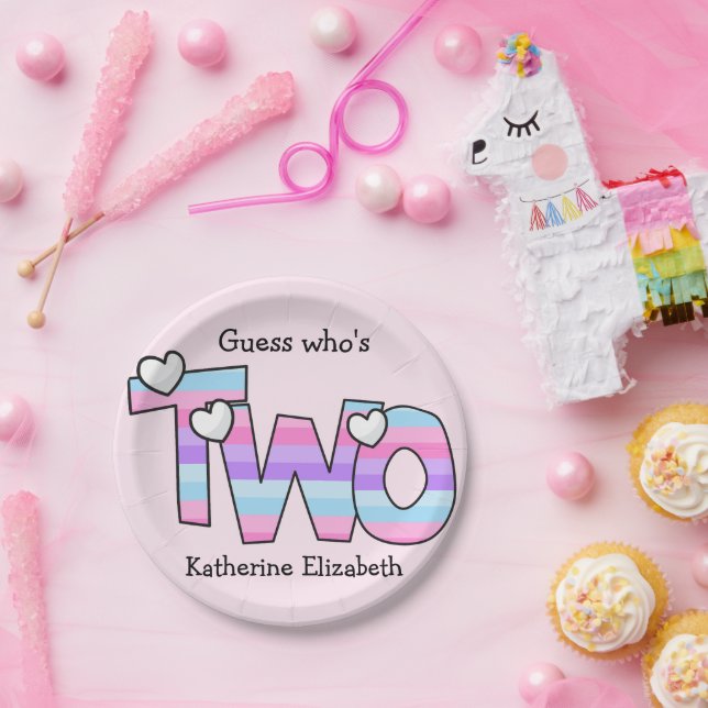 Pink Purple Ombre Stripes Hearts Second Birthday Paper Plate (Party)