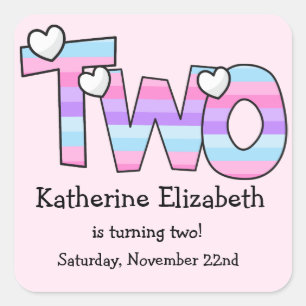 Pink Purple Ombre Stripes Hearts Second Birthday Square Sticker