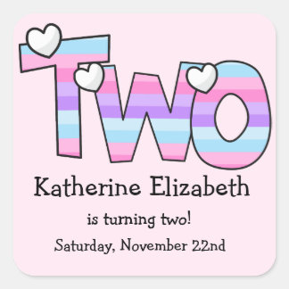 Pink Purple Ombre Stripes Hearts Second Birthday Square Sticker