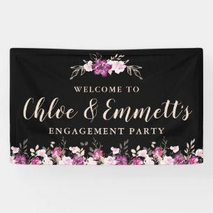 Pink Purple on Black Floral Engagement Party Banner
