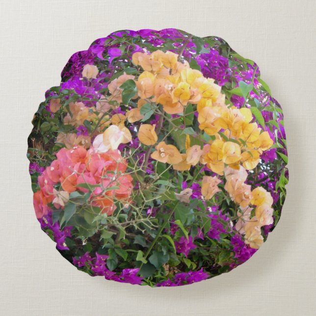 Pink, Purple & Orange Bougainvillea Round Pillow (Front)