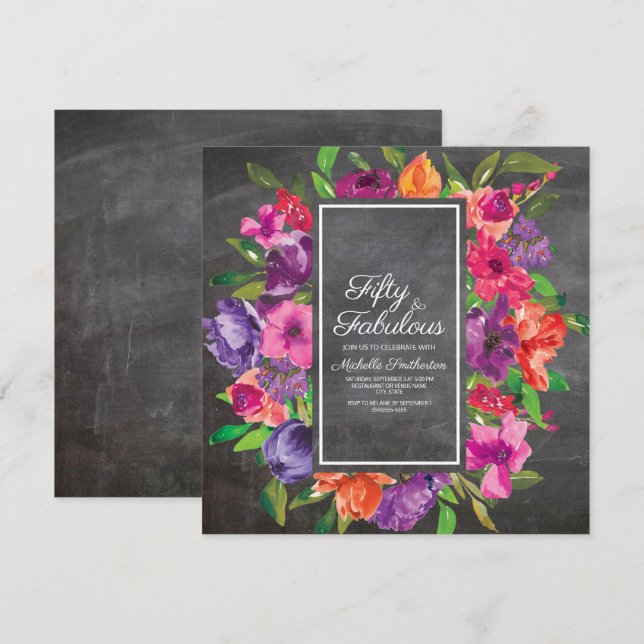 Pink Purple Orange Floral Chalkboard 50th Birthday Invitation (Front/Back)