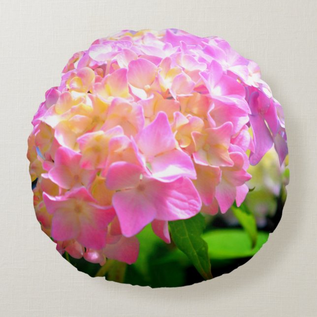 Pink purple orange hydrangeas round cushion (Front)