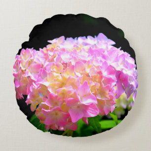 Pink purple orange hydrangeas round cushion