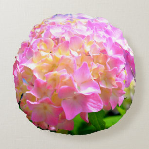 Pink purple orange hydrangeas round cushion