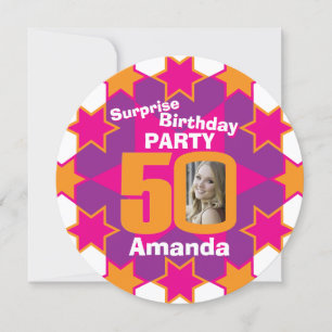 Pink purple orange star photo 50th birthday party invitation