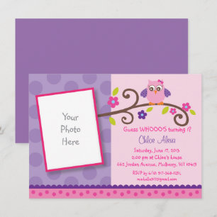 Pink & Purple Owl 1st Birthday Invitation