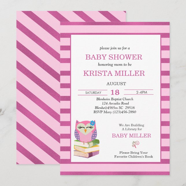 Pink Purple Owl Bring A Book Baby Shower     Invitation (Front/Back)