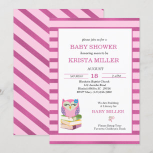 Pink Purple Owl Bring A Book Baby Shower     Invitation