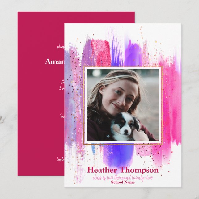 Pink & Purple Painted Glitter Sparkles Graduation Invitation (Front/Back)