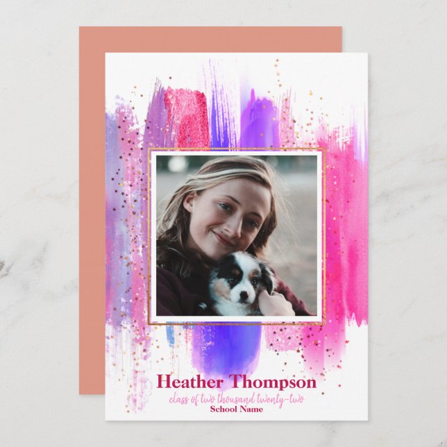 Pink & Purple Painted Glitter Sparkles Graduation  Invitation (Front/Back)