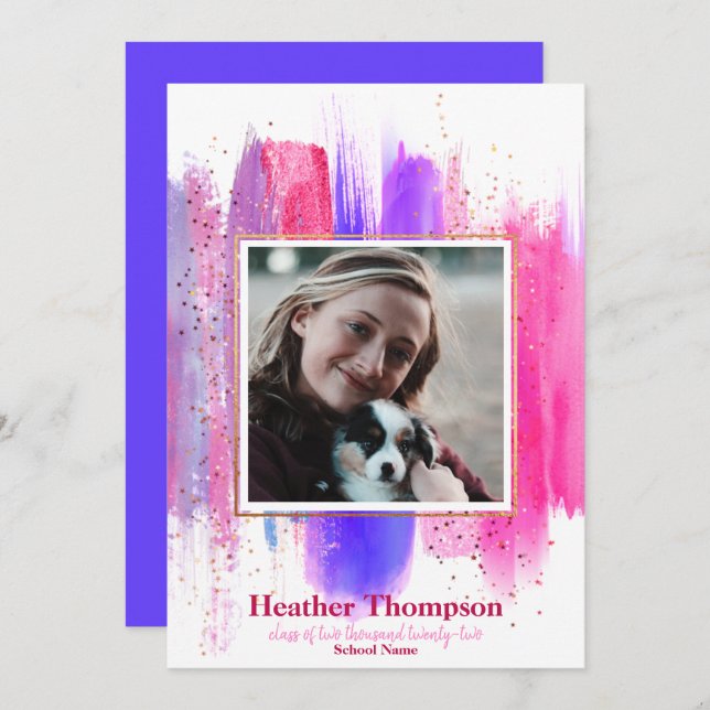 Pink & Purple Painted Glitter Sparkles Graduation  Invitation (Front/Back)