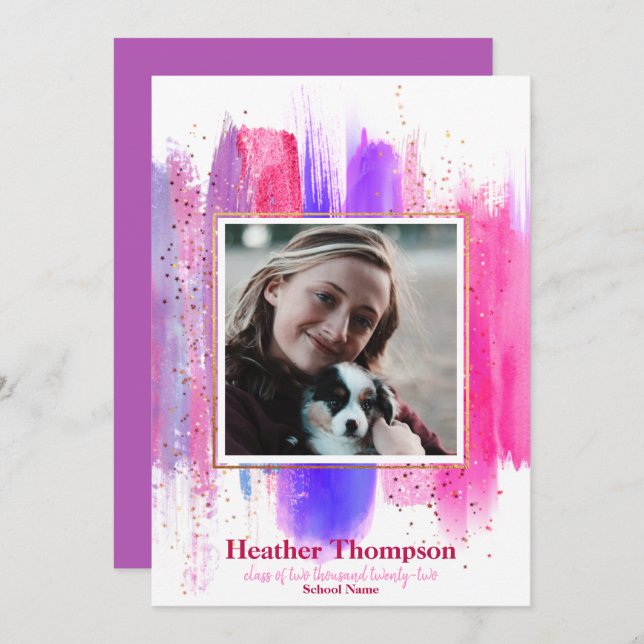 Pink & Purple Painted Glitter Sparkles Graduation  Invitation (Front/Back)