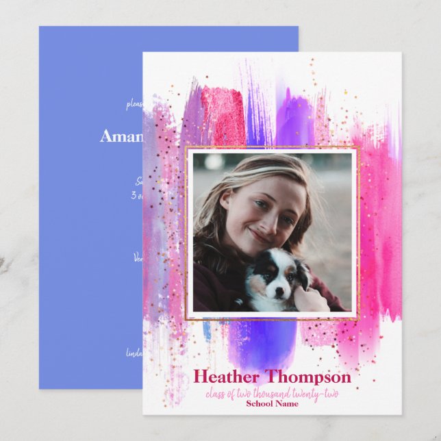 Pink & Purple Painted Glitter Sparkles Graduation  Invitation (Front/Back)