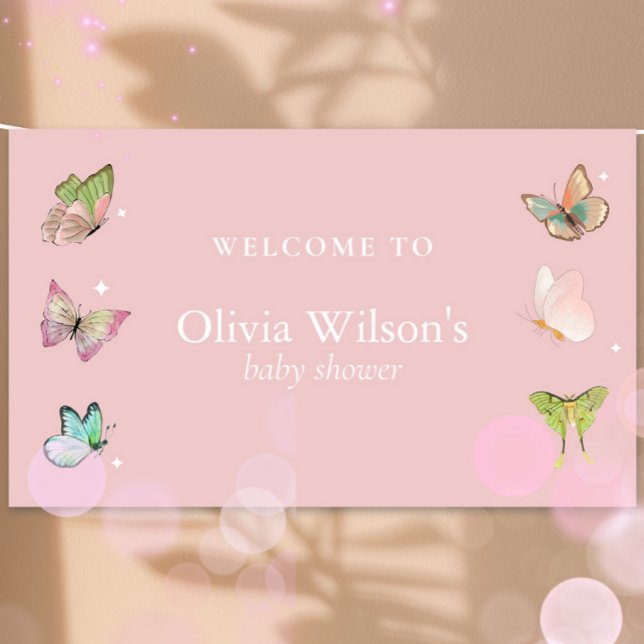 Pink Purple Pastel Butterfly Girl Baby Shower  Banner (Creator Uploaded)