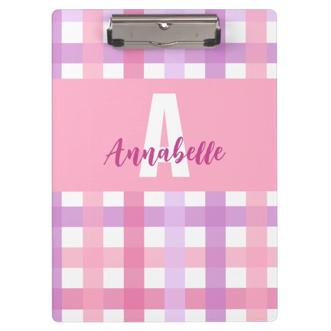 Pink Purple Pastel Monogram Gingham Pattern  Clipboard (Front)