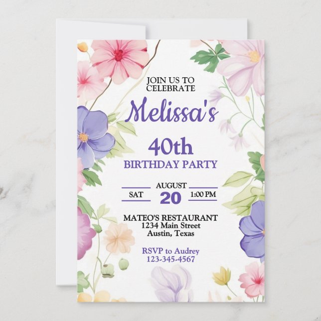 Pink & Purple Pastel Wildflowers Any Age Birthday Invitation (Front)