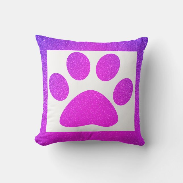 Pink Purple Paw Print Glittery Ombre Cute Gift Cushion (Front)