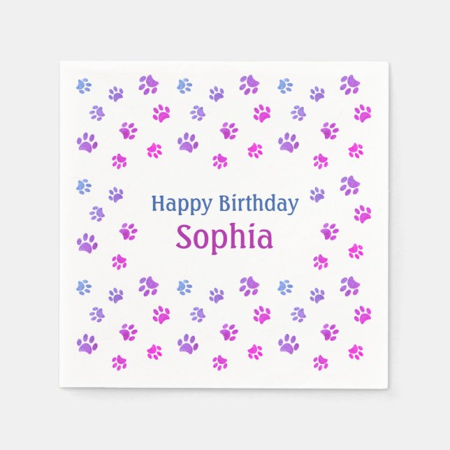 Pink Purple Paw Prints Pink Custom Pet Birthday Napkin (Front)