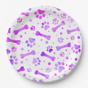 Pink Purple Paw Prints Watercolor Birthday Paper Plate