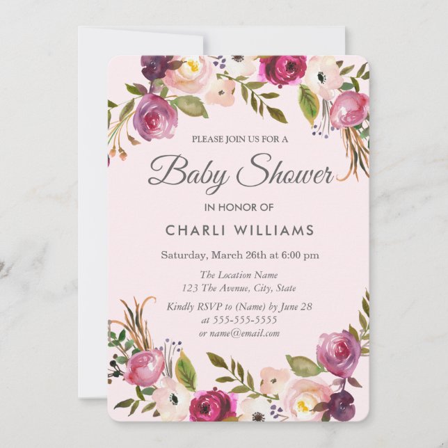 Pink Purple Peach Floral Girl Baby Shower invite (Front)