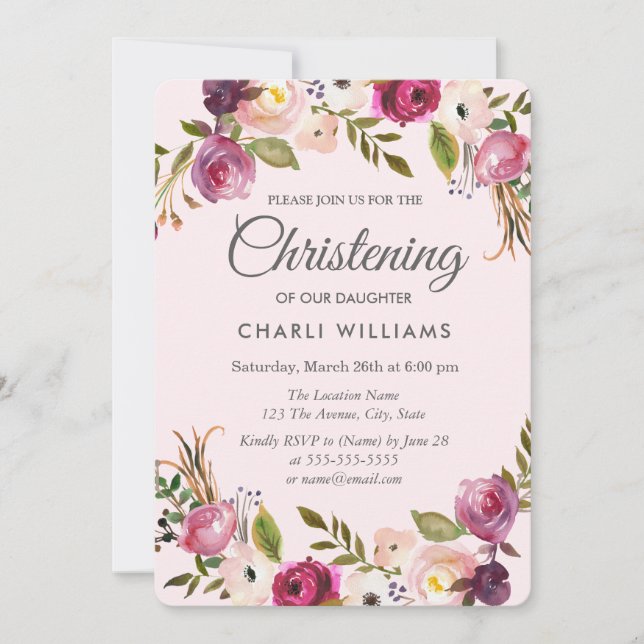 Pink Purple Peach Floral Girl Christening baptism Invitation (Front)