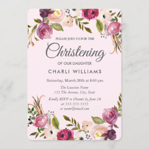 Pink Purple Peach Floral Girl Christening baptism Invitation