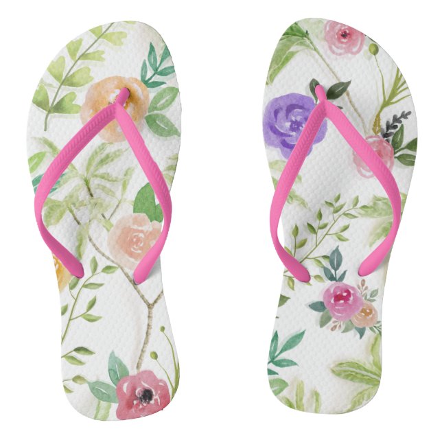 Pink Purple Peach Floral Greenery Flip Flops (Footbed)