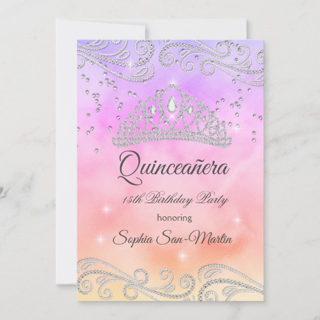 Pink Purple peach Silver Quinceanera 15th Birthday Invitation (Front)