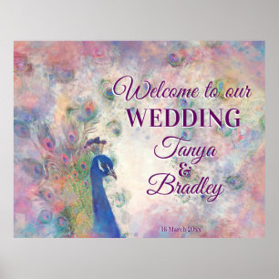 Pink purple peacock background welcome to our poster