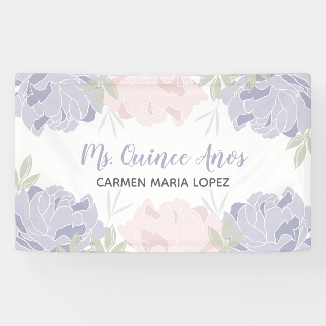 Pink & Purple Peonies Quinceanera Party Banner (Horizontal)