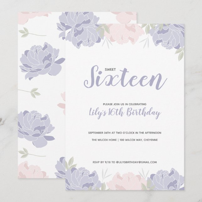 Pink & Purple Peonies Sweet 16 Birthday Party Invitation (Front/Back)