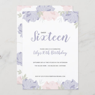 Pink & Purple Peonies Sweet 16 Birthday Party Invitation