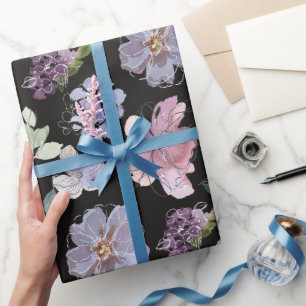 Pink Purple Petals Black Background Wrapping Paper